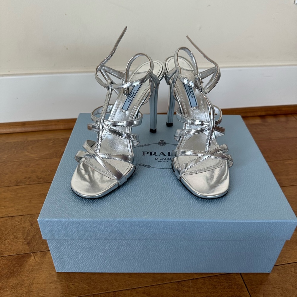 Authentic silver Prada strap heels. Size 38